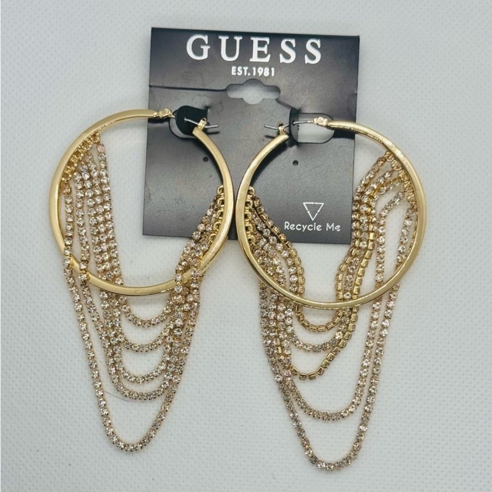 NWT *Guess* Gold Hoop Earrings with Rhinestone Chains - Picture 3 of 6